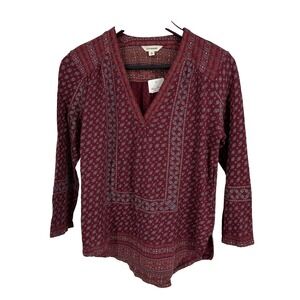 NWT Lucky Brand Red Burgundy Moroccan Print Boho Blouse Large Stretch Boho